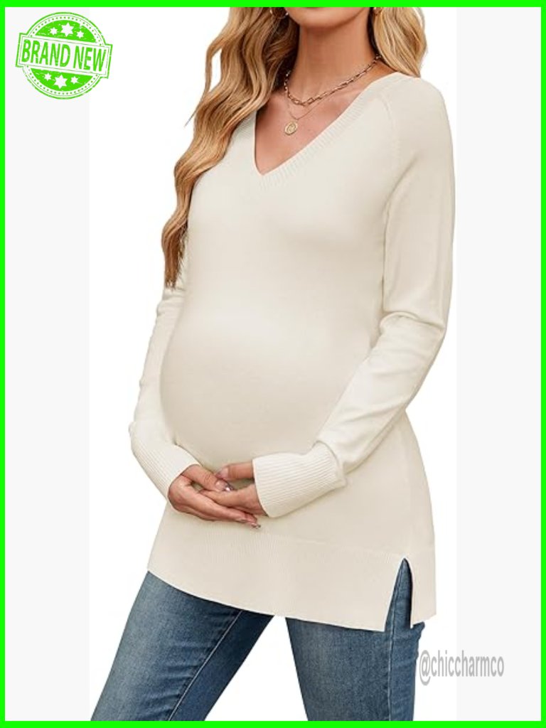 Maternity V-Neck Pullover Sweater Split Side Long Sleeve Ribbed Knit Top